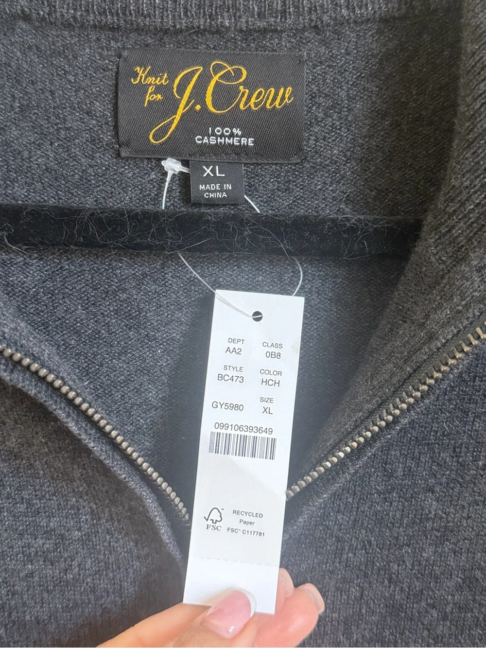 J.Crew Men’s XL 100% Cashmere Quarter Zip Sweater Charcoal Gray NW